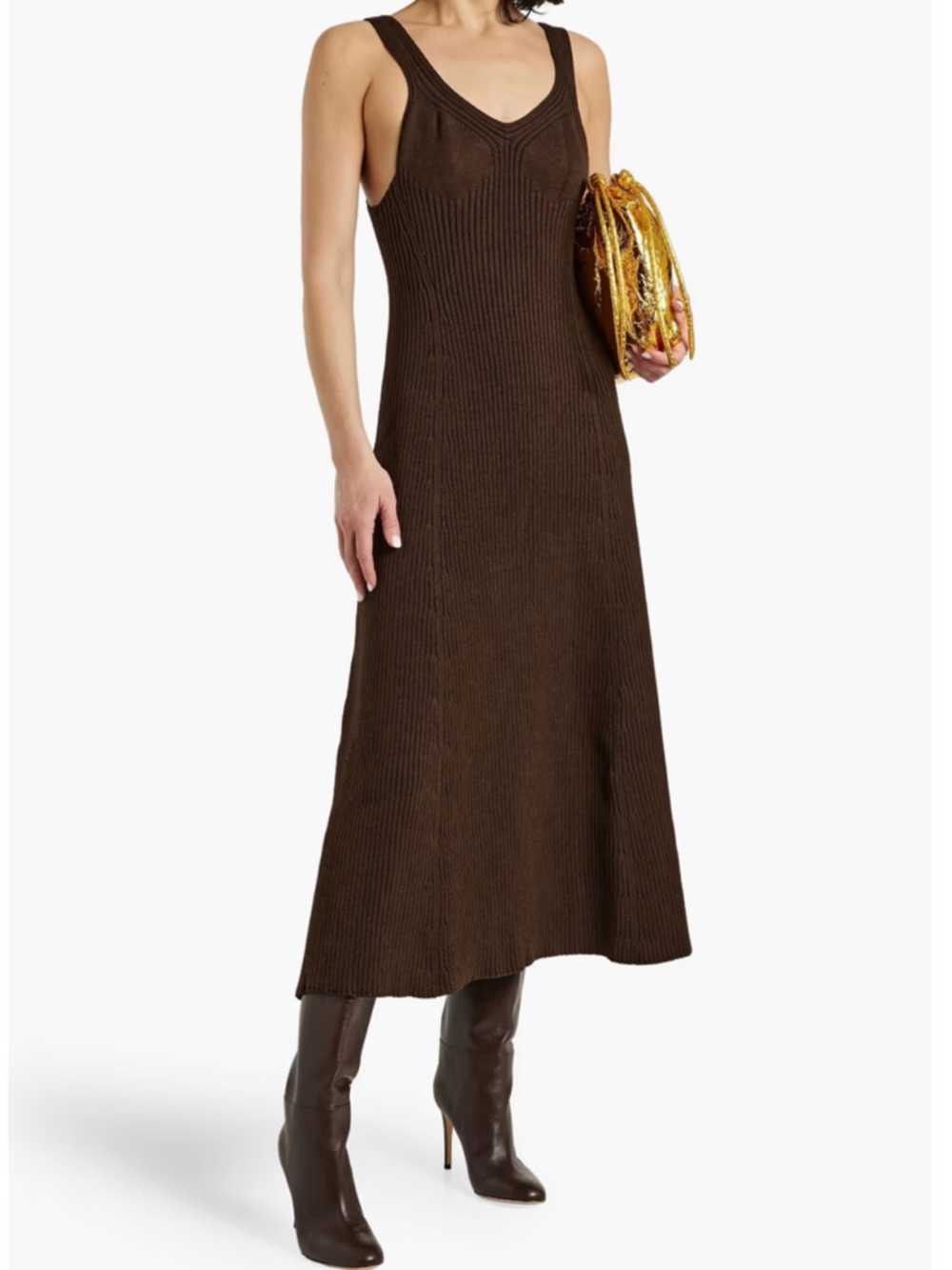 Jil Sander Brown Ribbed Knit Midi Dress